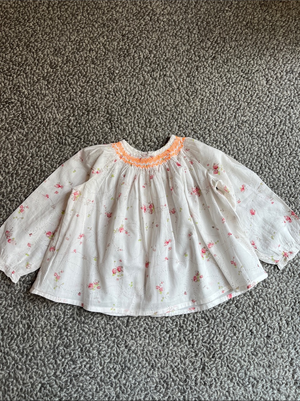 Bonpoint White Floral Smocked Blouse with Orange Neckline
